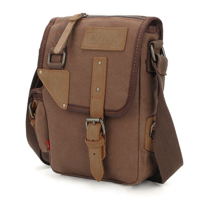 Augur Férfi Vintage Leisure Valódi Bőr Canvas Messenger Crossbody Táska Válltáska