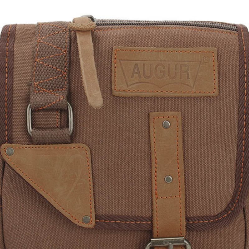 Augur Férfi Vintage Leisure Valódi Bőr Canvas Messenger Crossbody Táska Válltáska