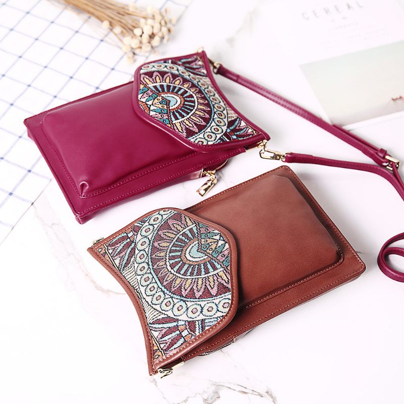 Brenice Bohemia Stílusú Válltáskák Vintage Vászon Virágnyomtatás Telefontáskák Crossbody Táskák