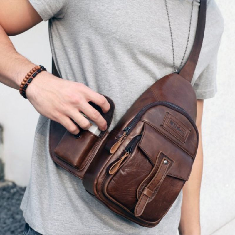 Ekphero Vintage Valódi Bőr Nagy Kapacitású Utazó Melltáska Crossbody Férfi Táska