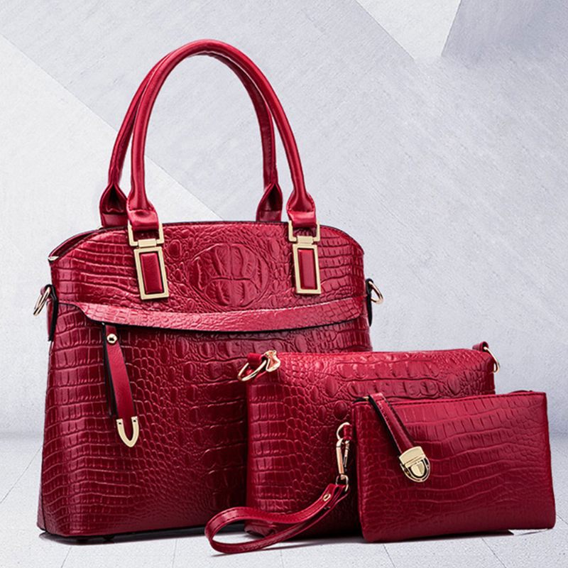 Elegáns Női Kiegészítő Készletek 3db Crocodile Stria Dombornyomott Pu Bőr Válltáska És Cross Body Tasak És Pántos Kuplung