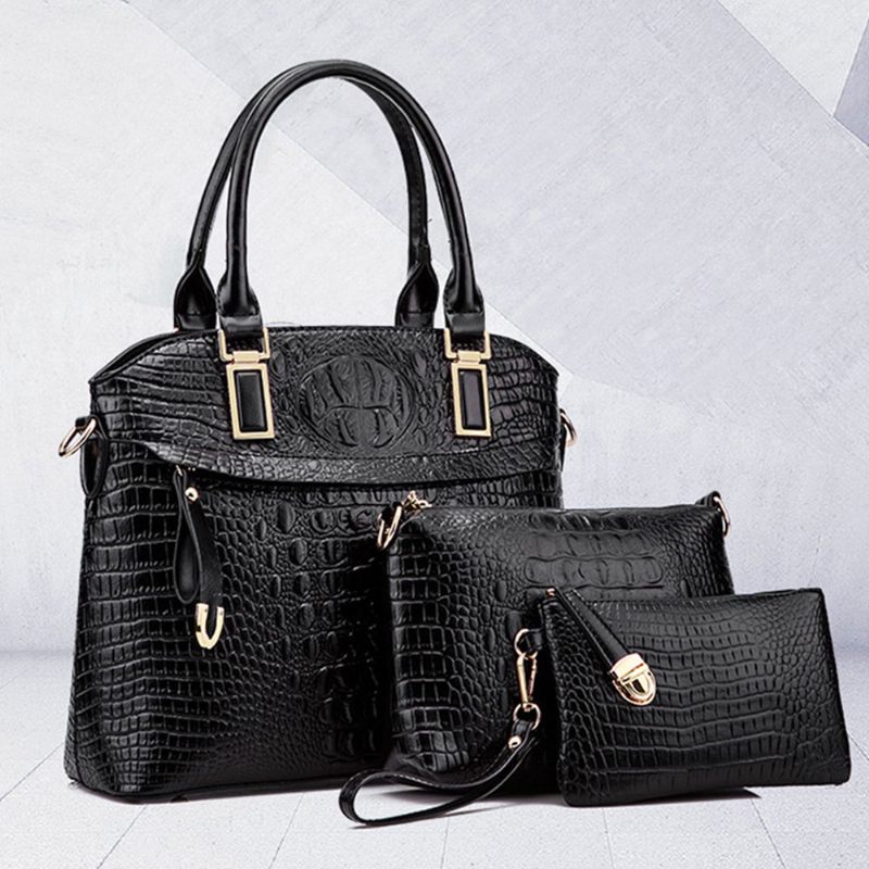 Elegáns Női Kiegészítő Készletek 3db Crocodile Stria Dombornyomott Pu Bőr Válltáska És Cross Body Tasak És Pántos Kuplung