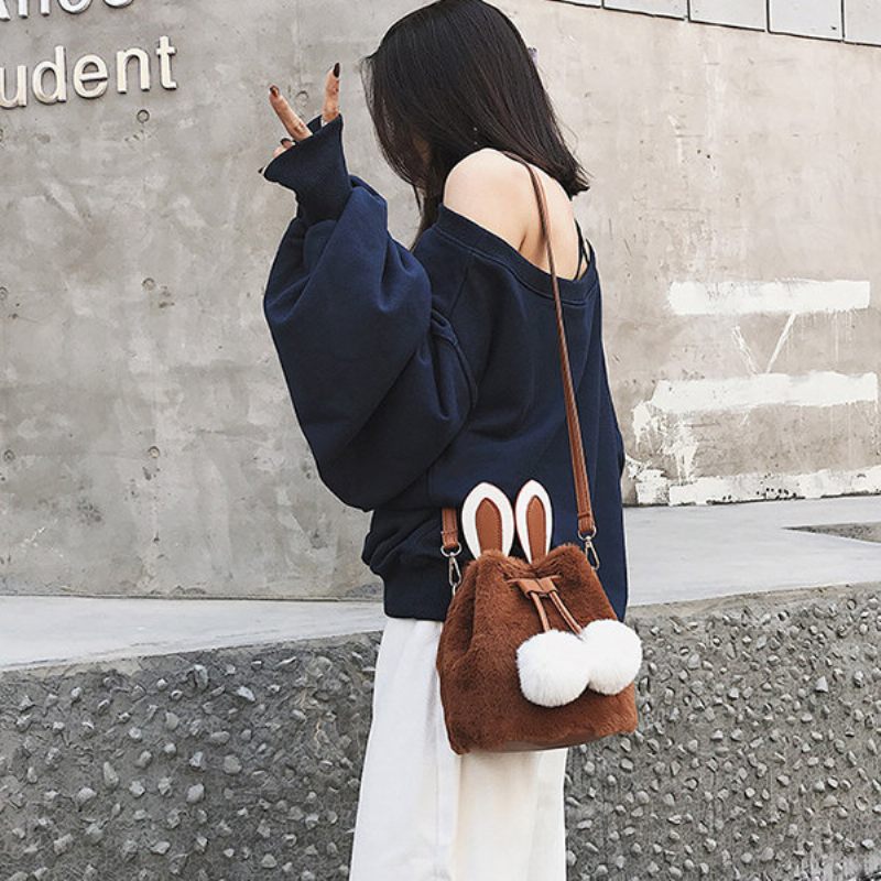 Női Aranyos Nyúl Bolyhos Bucket Bag String Crossbody Bag