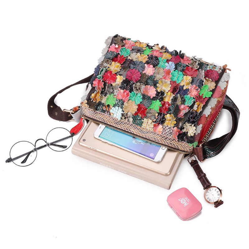 Női Bohemian Valódi Bőr Crossbody Táskák Virágos Vintage Válltáskák