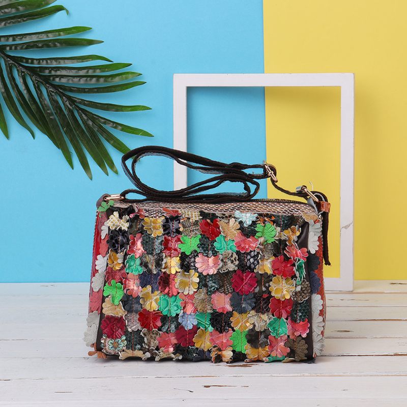 Női Bohemian Valódi Bőr Crossbody Táskák Virágos Vintage Válltáskák