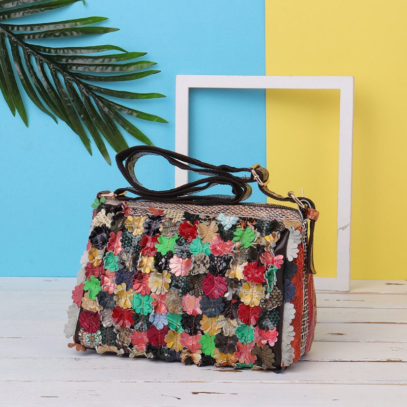 Női Bohemian Valódi Bőr Crossbody Táskák Virágos Vintage Válltáskák