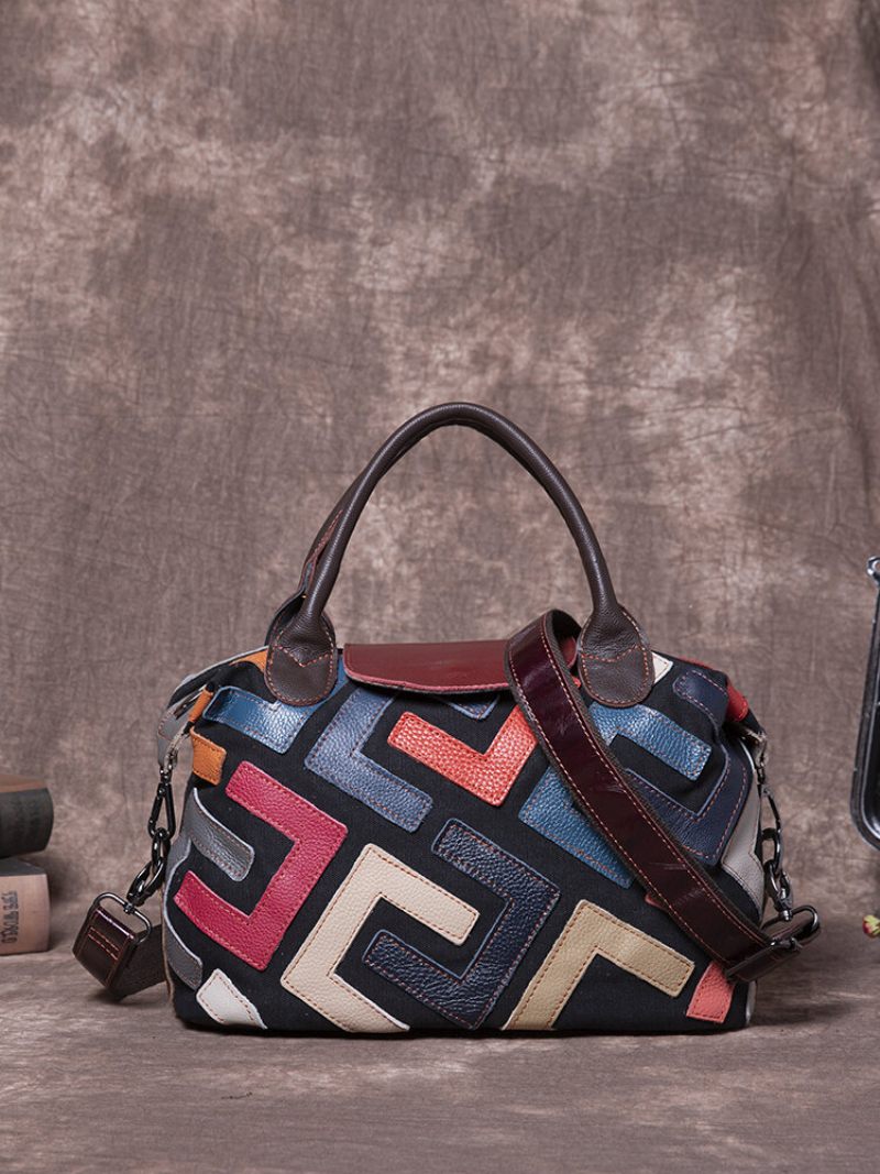 Női Bohemian Valódi Bőr Patchwork Kézitáskák Nagy Kapacitású Vintage Crossbody Táskák