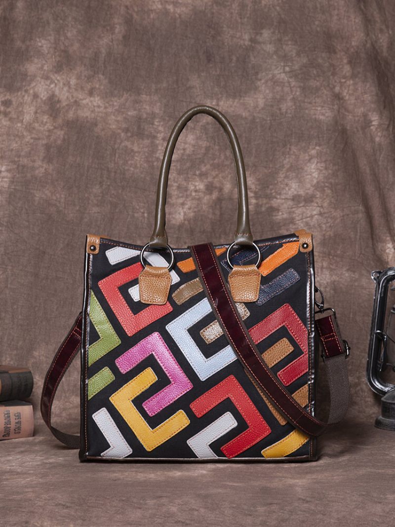 Női Patchwork Valódi Bőr Táskák Nagy Kapacitású Kézitáskák Bohemian Vintage Crossbody