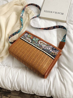 Női Szalmabohém Etnikai Mintás Design Négyzet Alakú Crossbody Táska Divatos Vintage Válltáska