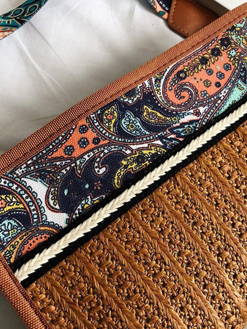 Női Szalmabohém Etnikai Mintás Design Négyzet Alakú Crossbody Táska Divatos Vintage Válltáska