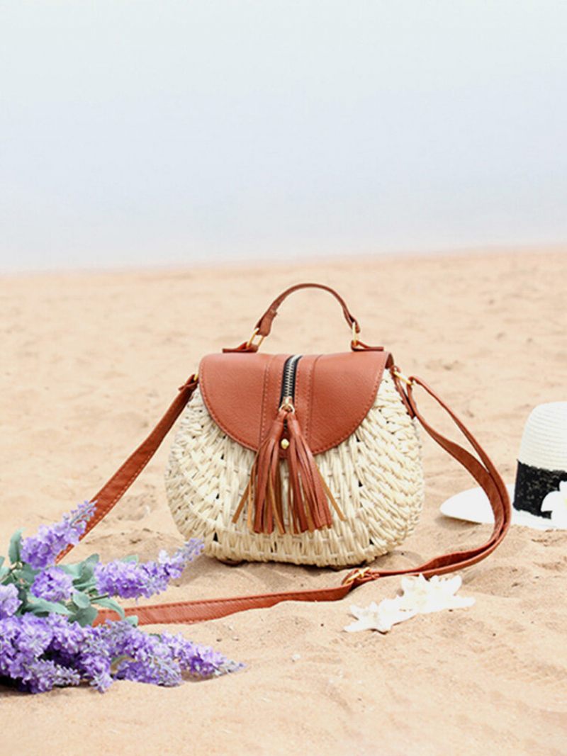 Női Utazási Szalma Strandtáskák Bojt Patchwork Crossbody Táskák