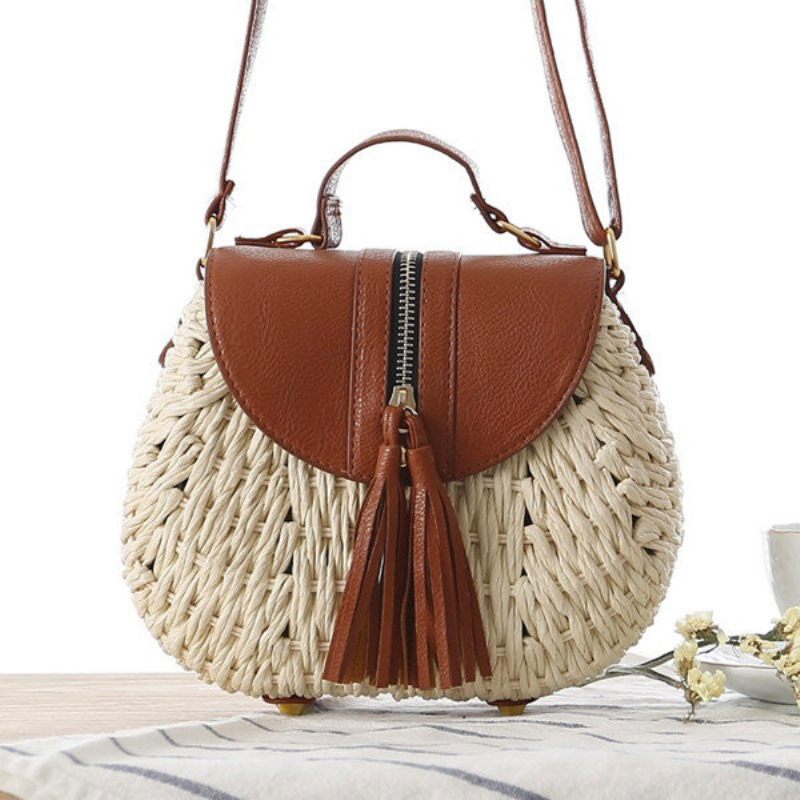 Női Utazási Szalma Strandtáskák Bojt Patchwork Crossbody Táskák