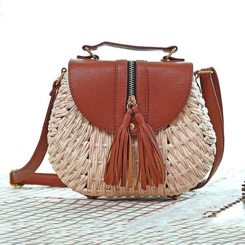 Női Utazási Szalma Strandtáskák Bojt Patchwork Crossbody Táskák