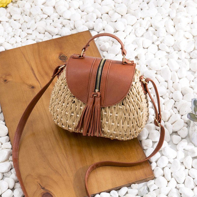 Női Utazási Szalma Strandtáskák Bojt Patchwork Crossbody Táskák