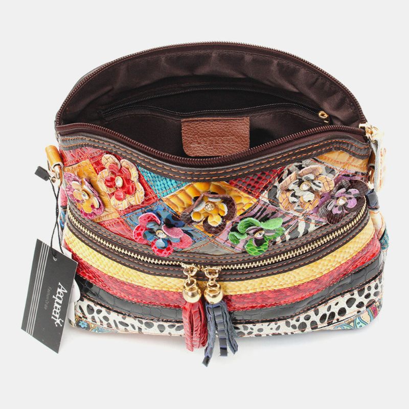 Női Virágos Vintage Valódi Bőr Crossbody Táska Lányok Alkalmi Válltáska