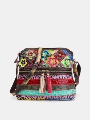 Női Virágos Vintage Valódi Bőr Crossbody Táska Lányok Alkalmi Válltáska