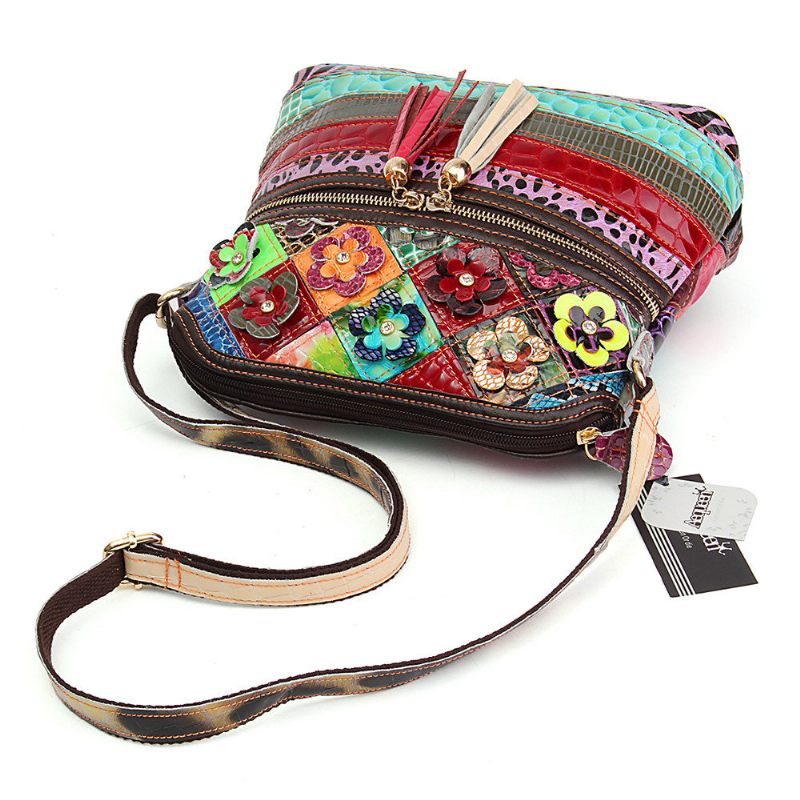 Női Virágos Vintage Valódi Bőr Crossbody Táska Lányok Alkalmi Válltáska