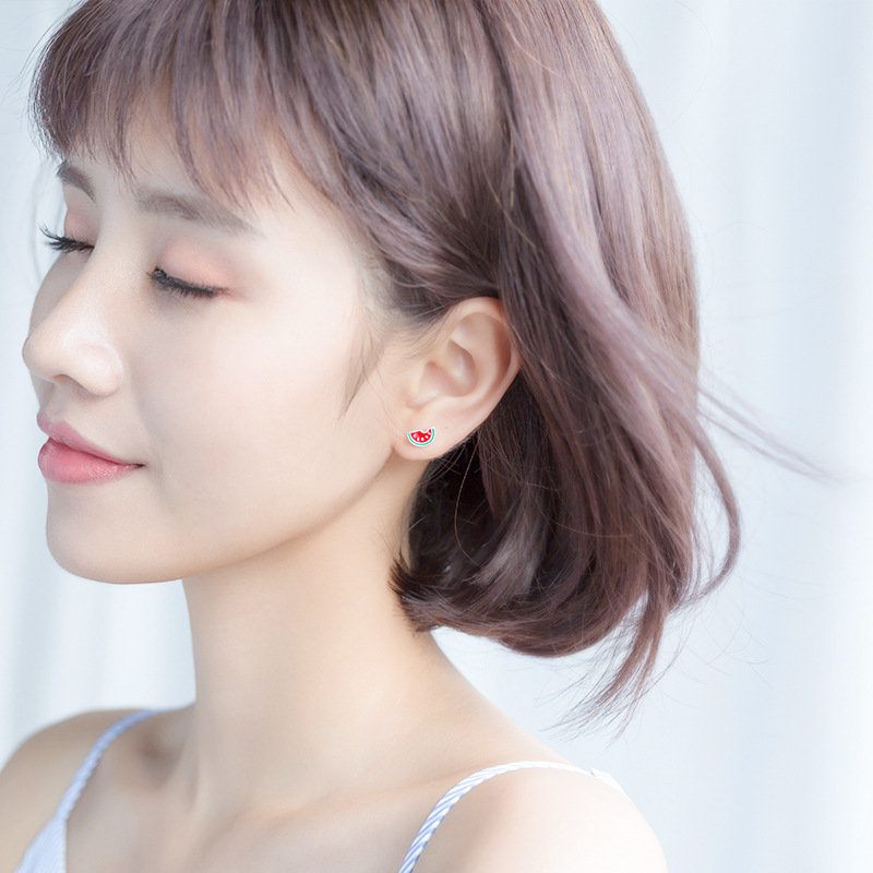 925 Sterling Ezüst Női Fülbevaló Aranyos Görögdinnye Gyümölcs Aszimmetrikus Piercing