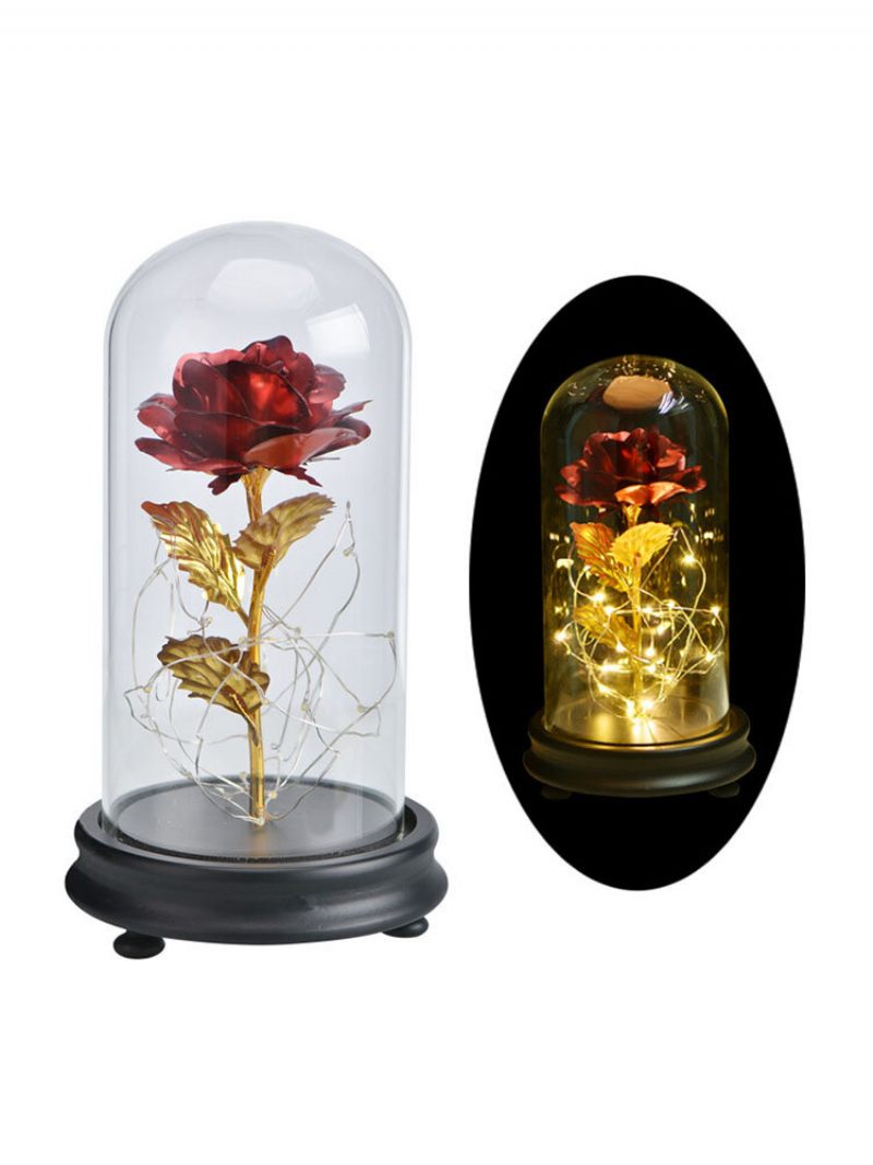 Arany Fólia Dekoráció Virágok Piros Örök Rózsa Led Fénnyel Üvegkupolában Ajándékok