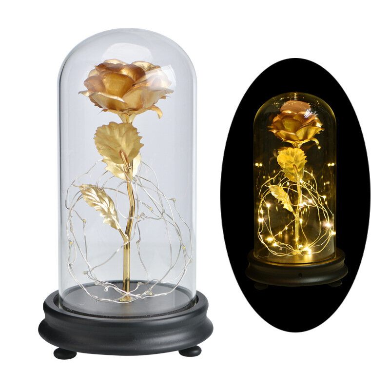 Arany Fólia Dekoráció Virágok Piros Örök Rózsa Led Fénnyel Üvegkupolában Ajándékok