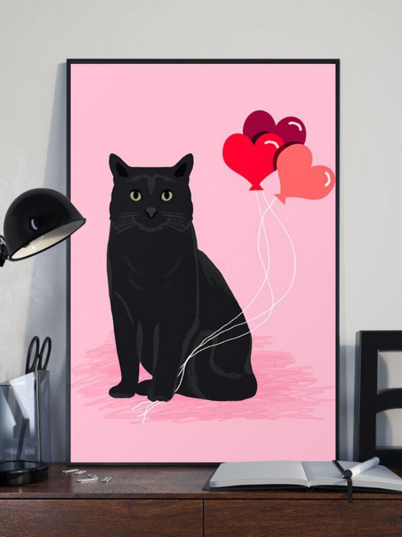 Fekete Macska És Rózsaszín Léggömb Mintás Vászonfestmény Keret Nélküli Fali Művészet Vászon Nappali Lakberendezés