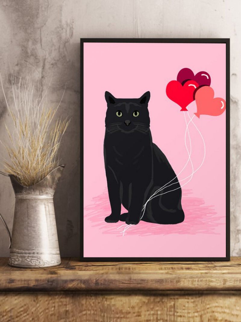 Fekete Macska És Rózsaszín Léggömb Mintás Vászonfestmény Keret Nélküli Fali Művészet Vászon Nappali Lakberendezés