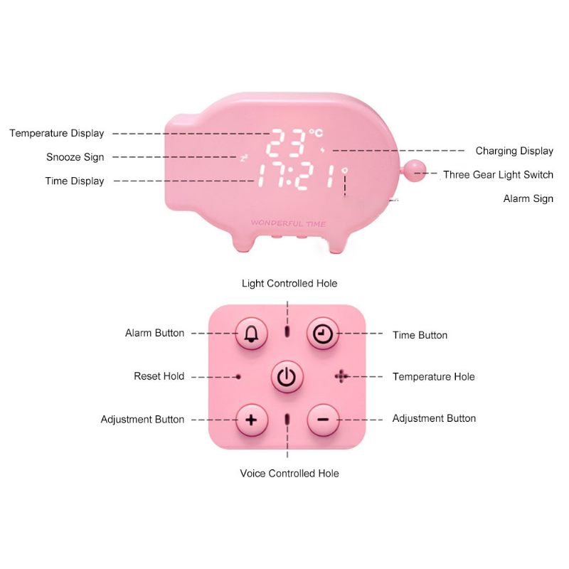Imádnivaló Rajzfilm Disznóóra Lámpa Beltéri Hálószoba Többfunkciós Led Képernyő Éjszakai Usb Újratölthető Hangvezérlésű Ébresztőóra
