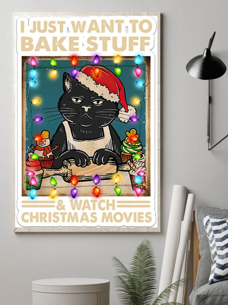 Karácsonyi Fekete Macska Mintás Keret Nélküli Olajfestmény Vászon Fali Művészet Nappali Lakberendezés