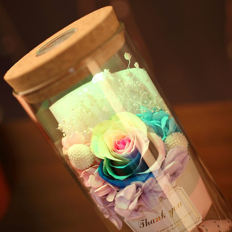 Szivárvány Rózsa Éjszakai Fény Valentin-napi Ajándék Romantikus Dekoráció Könnyű Szárított Virág Örök