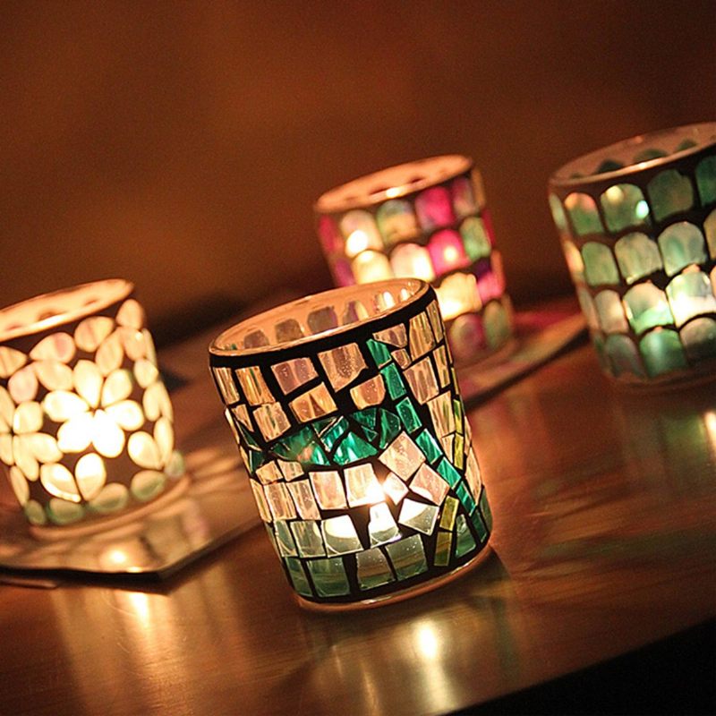 Tea Light Gyertyatartó Üvegmozaik Esküvői Fesztivál Ajándék Otthoni Bár Dekoráció
