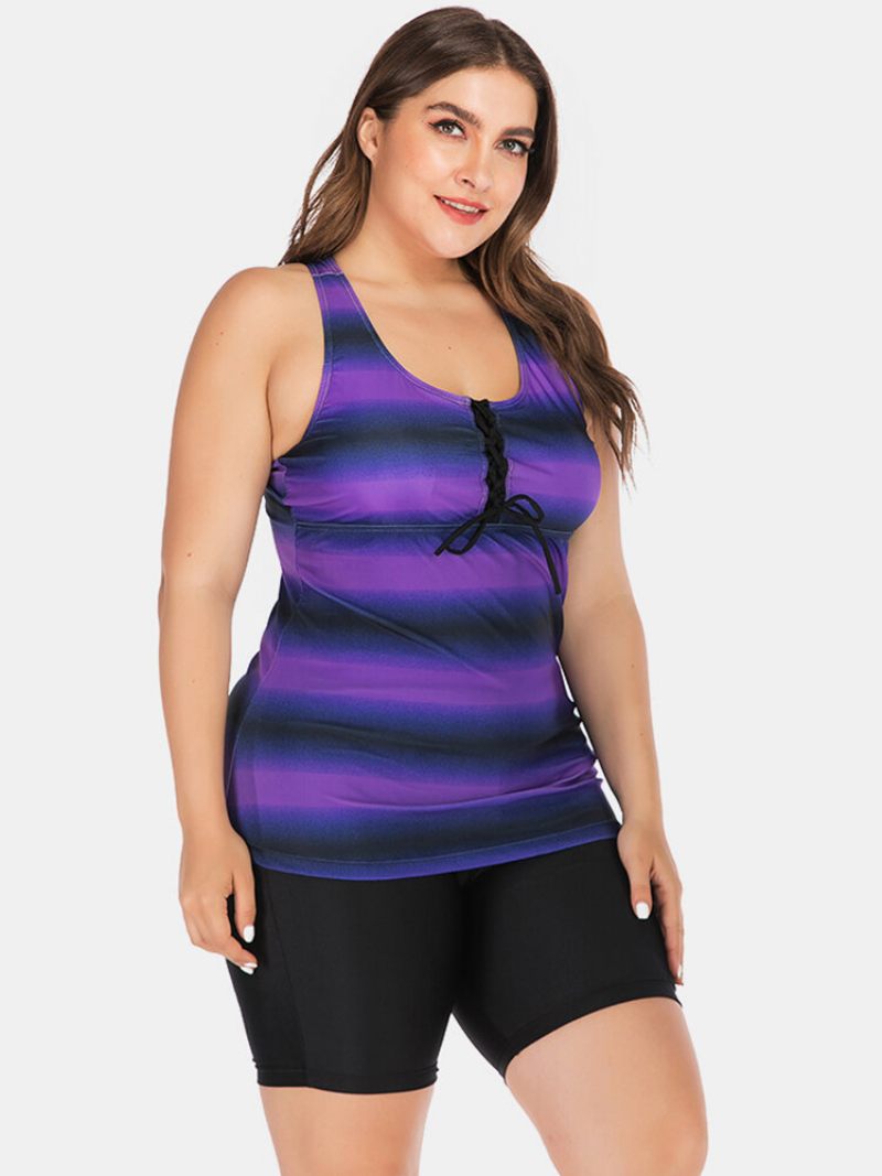 Nagy Méretű Női Tankini Front Bandage Stripe Gradient Cover Belly Fürdőruha