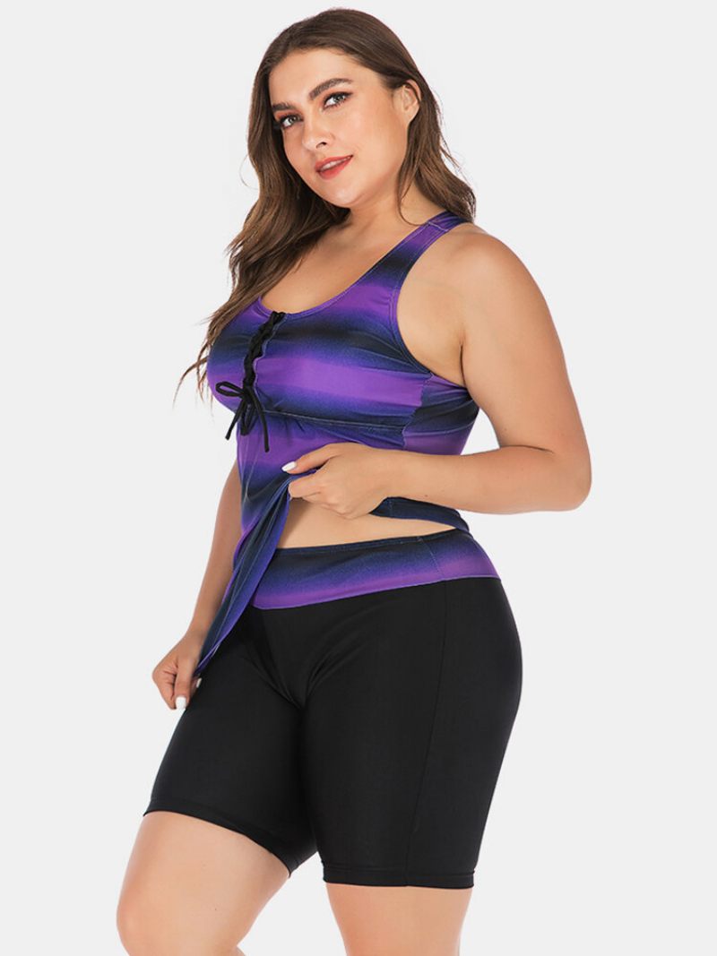 Nagy Méretű Női Tankini Front Bandage Stripe Gradient Cover Belly Fürdőruha
