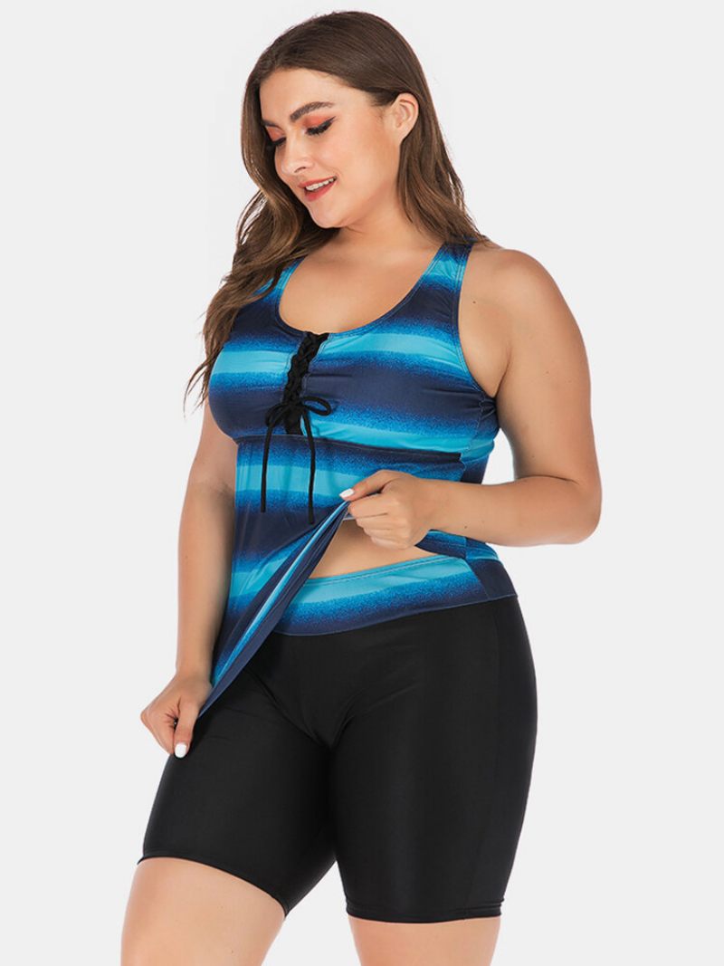 Nagy Méretű Női Tankini Front Bandage Stripe Gradient Cover Belly Fürdőruha