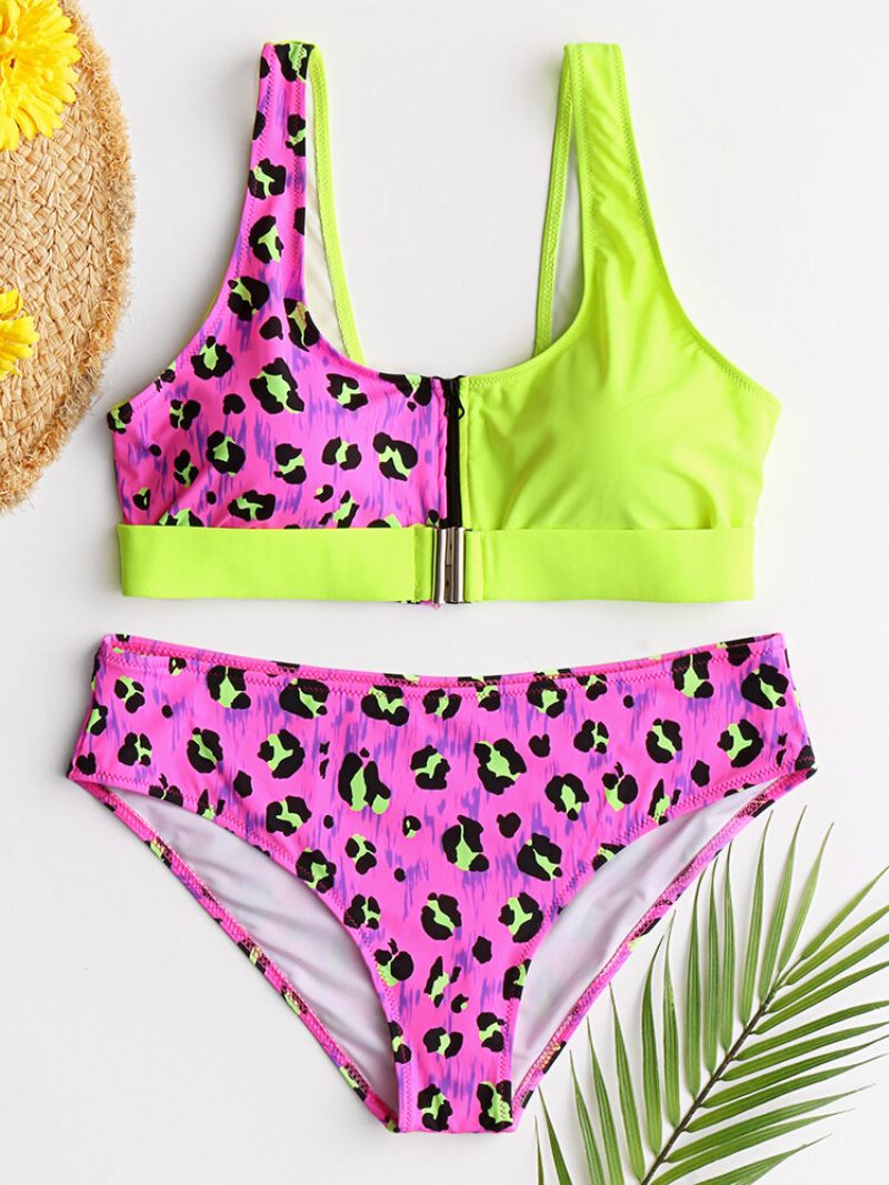 Női Mellény Bikini Leopard Patchwork Elülső Csatos Cipzáras Szexi Fürdőruha