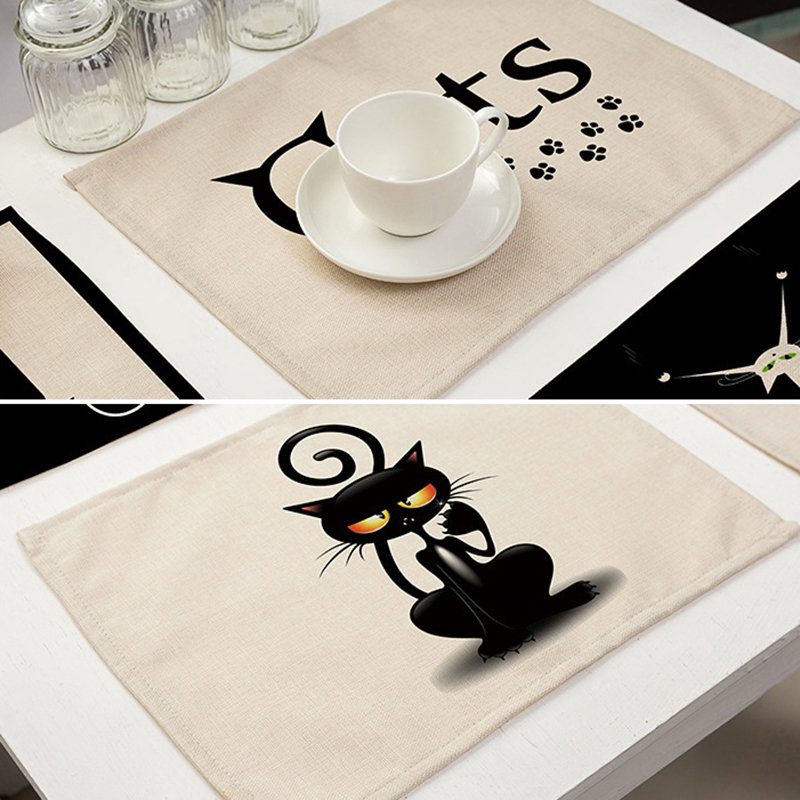 Lovely Cat Étkezőszőnyeg Rajzfilm Fekete Macskamintás Nyomtatott Pamut És Vászon Szőnyeg