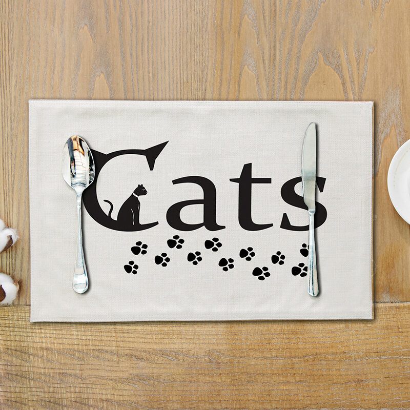 Lovely Cat Étkezőszőnyeg Rajzfilm Fekete Macskamintás Nyomtatott Pamut És Vászon Szőnyeg