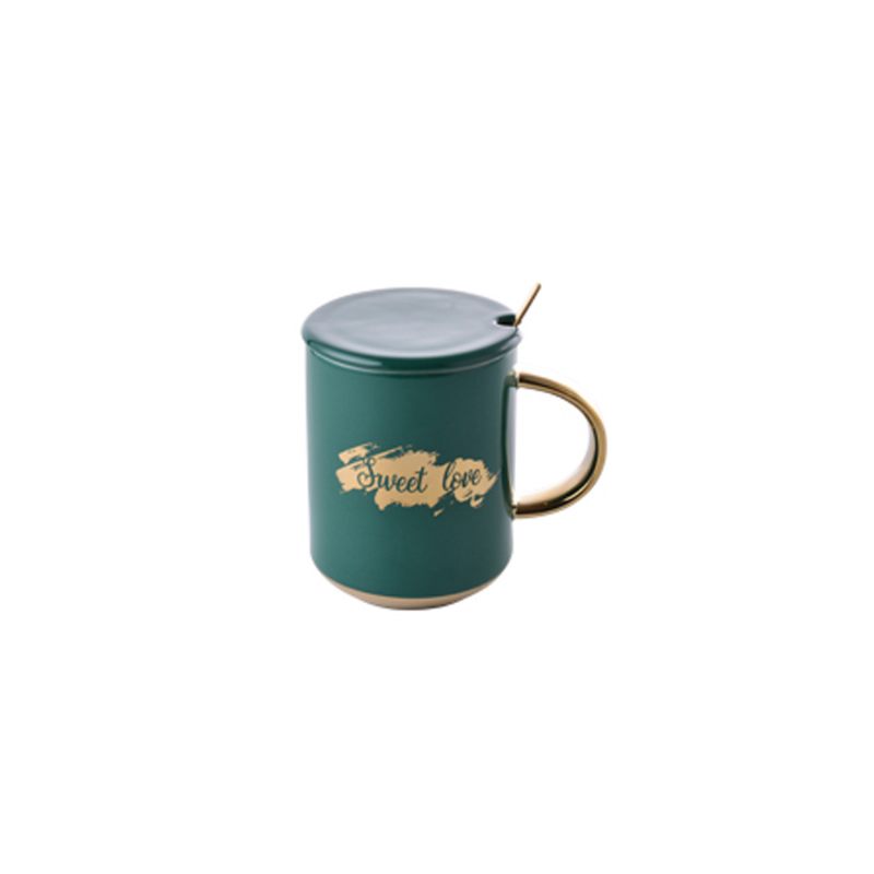 Luxus Aranyozott Sötétzöld Csésze Kanállal És Fedővel Irodai Ivóvíz Kreatív Arany Kávés Bögre Készlet