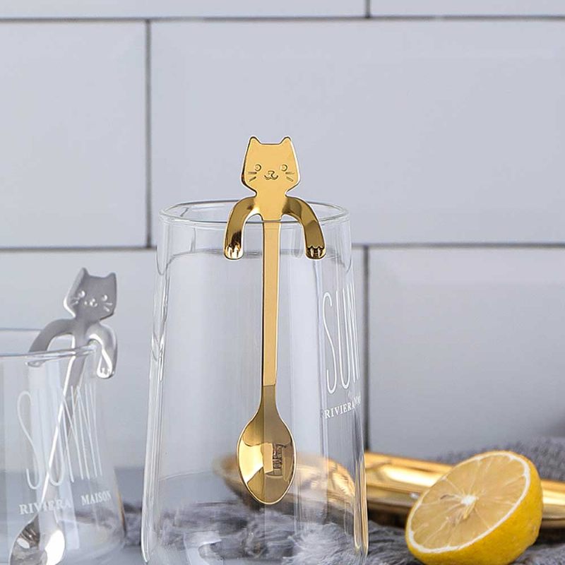 Rozsdamentes Acél Aranyos Macskakanál Kreatív Függő Csésze Kanál Hosszú Nyelű Keverő Desszert Fagylalt Étkészlet