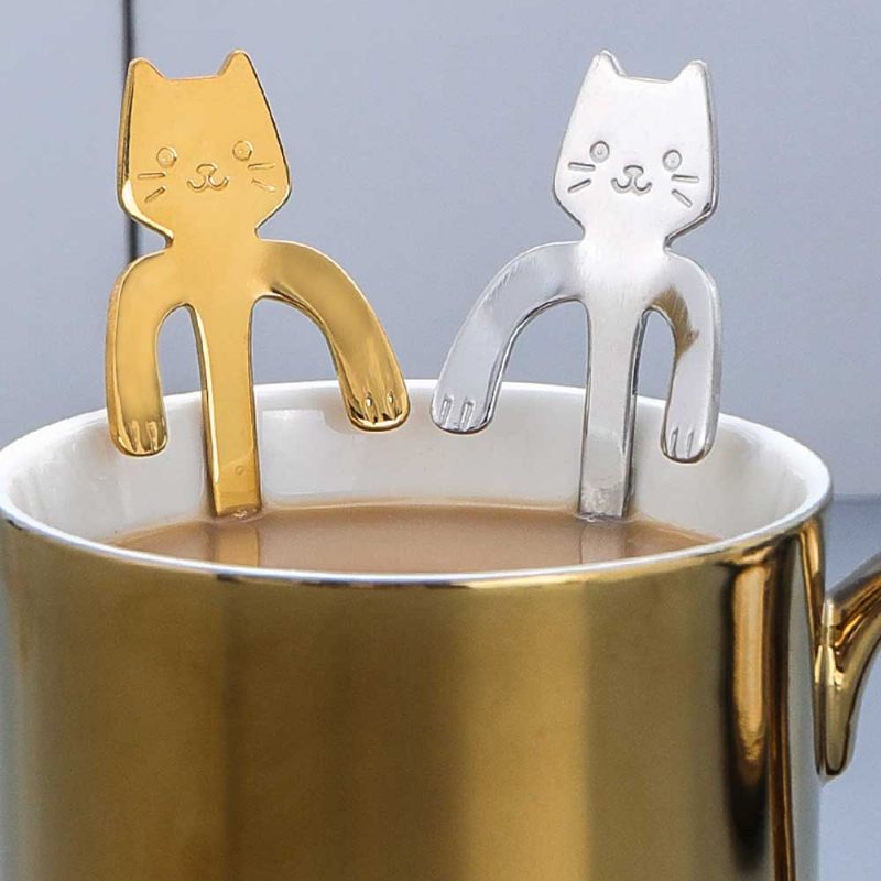 Rozsdamentes Acél Aranyos Macskakanál Kreatív Függő Csésze Kanál Hosszú Nyelű Keverő Desszert Fagylalt Étkészlet