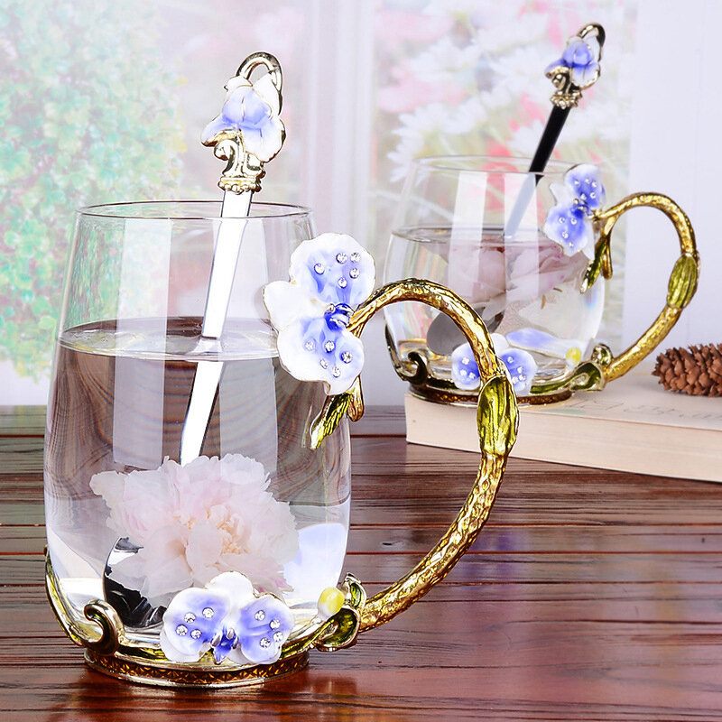Virágzománcozott Üvegcsésze Kávésbögre Gyönyörű Ajándék Pillangómintás Üveg Teásbögre Kanállal