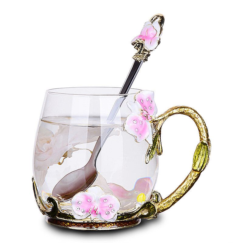 Virágzománcozott Üvegcsésze Kávésbögre Gyönyörű Ajándék Pillangómintás Üveg Teásbögre Kanállal