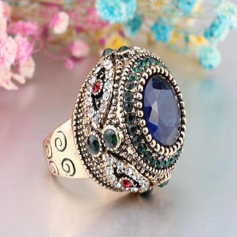 Bohemian Finger Gyűrűk Kék Strasszkő Aranyozott Kerek Geometrikus Etnikai Ékszerek Nőknek