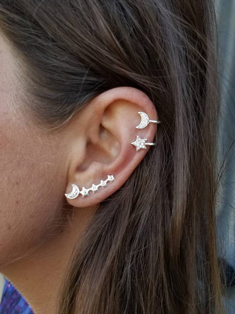 Fashion 3 Db Fülbevaló Ezüst Arany Fülcsipesz Moon Star Ear Stud Strasszos Nőknek