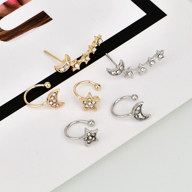 Fashion 3 Db Fülbevaló Ezüst Arany Fülcsipesz Moon Star Ear Stud Strasszos Nőknek