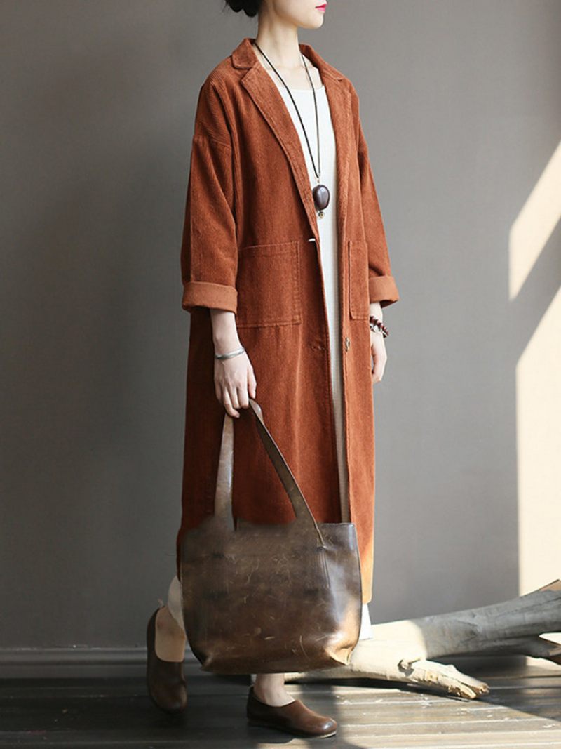 Lapel Egyszínű Hosszú Ujjú Kordbársony Vintage Kabát