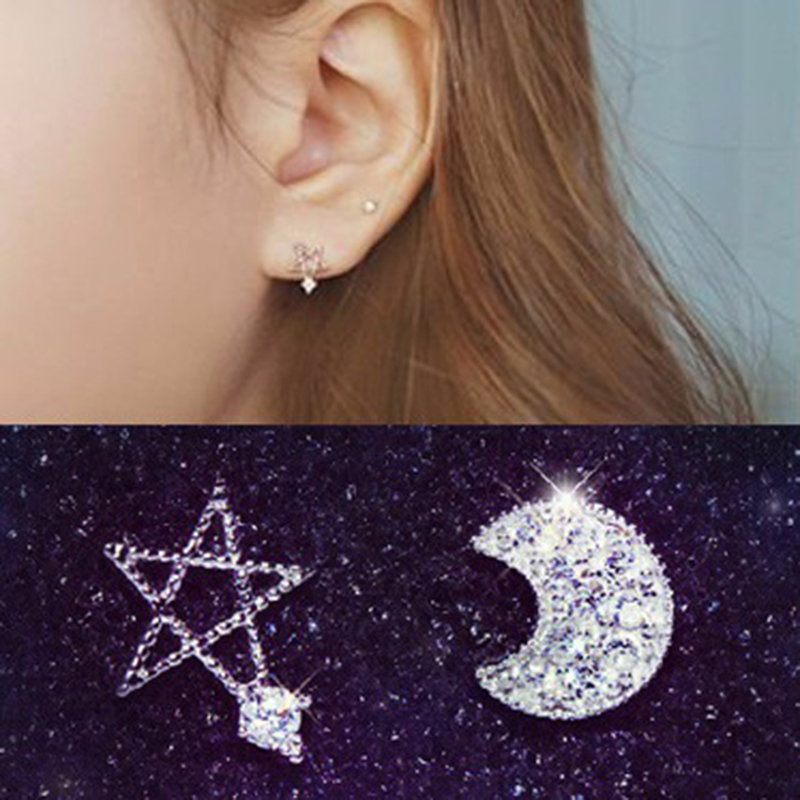 Sweet Ear Stud Fülbevaló S925 Sterling Silver Moon Star Cirkon Elegáns Női Ékszer