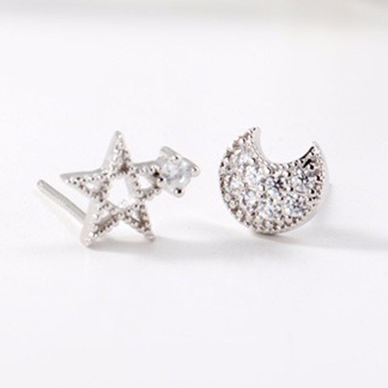 Sweet Ear Stud Fülbevaló S925 Sterling Silver Moon Star Cirkon Elegáns Női Ékszer