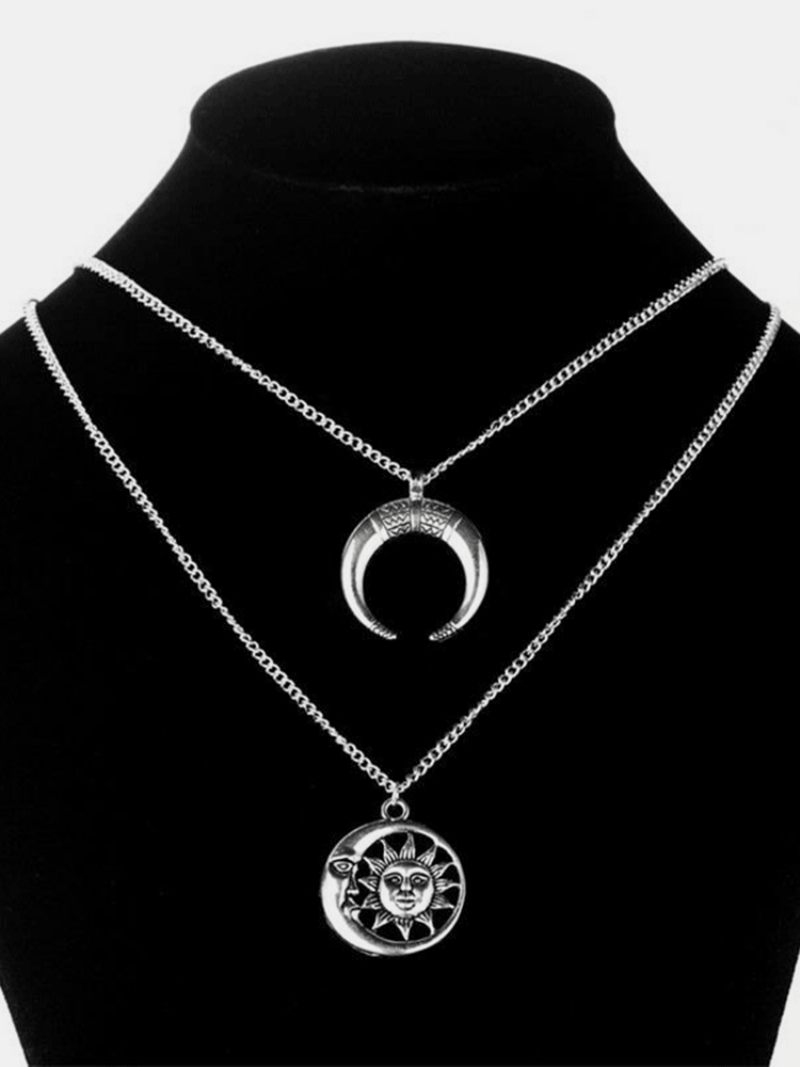 Vintage Medál Nyaklánc Sun Moon Charm Lánc Többrétegű Bohém Ékszerek Nőknek