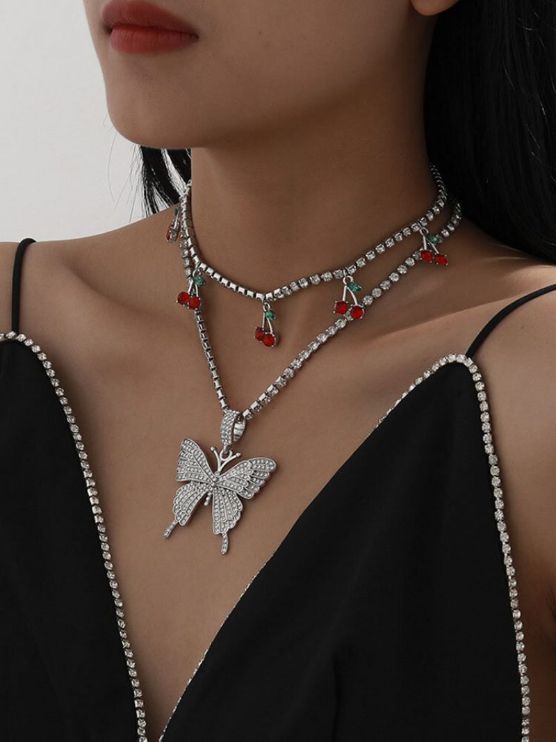 Alloy Wind Claw Chain Cherry Ins Diamond Butterfly Necklace