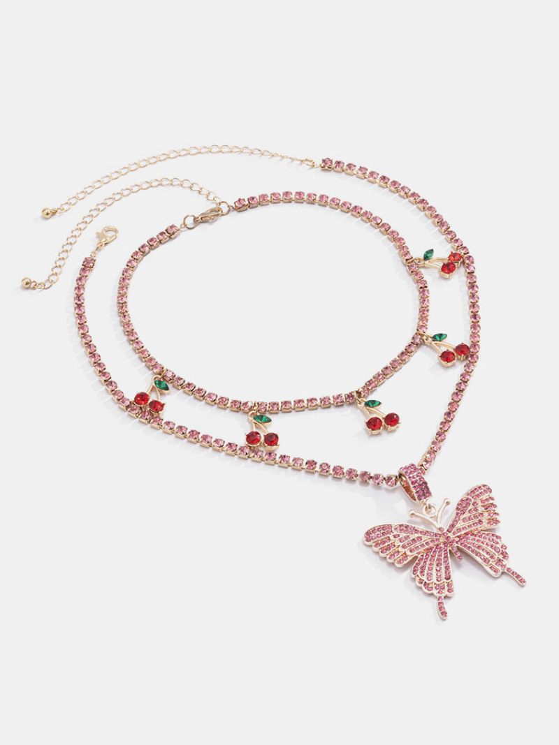 Alloy Wind Claw Chain Cherry Ins Diamond Butterfly Necklace